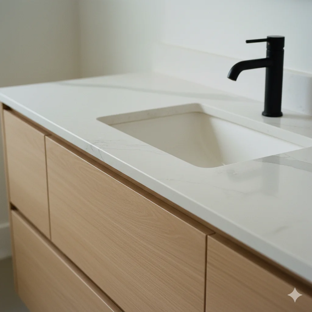 An elegant bathroom vanity with a matte finish Calacatta Gold quartz top.