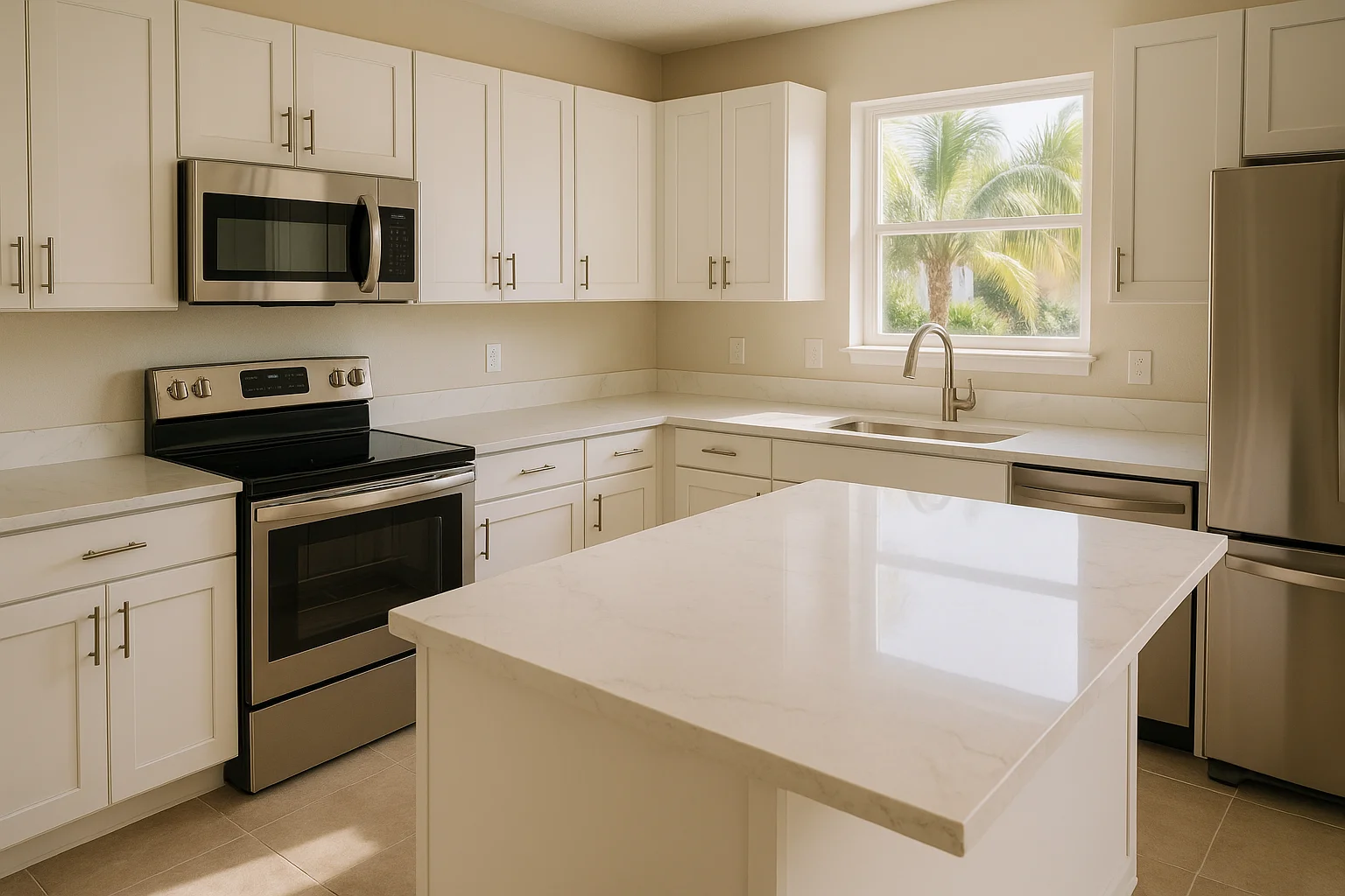 A bright Florida kitchen featuring Eternal Statuario Quartz countertops and island, complemented by an electric stove and modern cabinetry. Bathed in natural lighting, the scene is 2000x1200 pixels, WebP-ready, color-accurate, and not CGI-perfect, offering a realistic depiction.