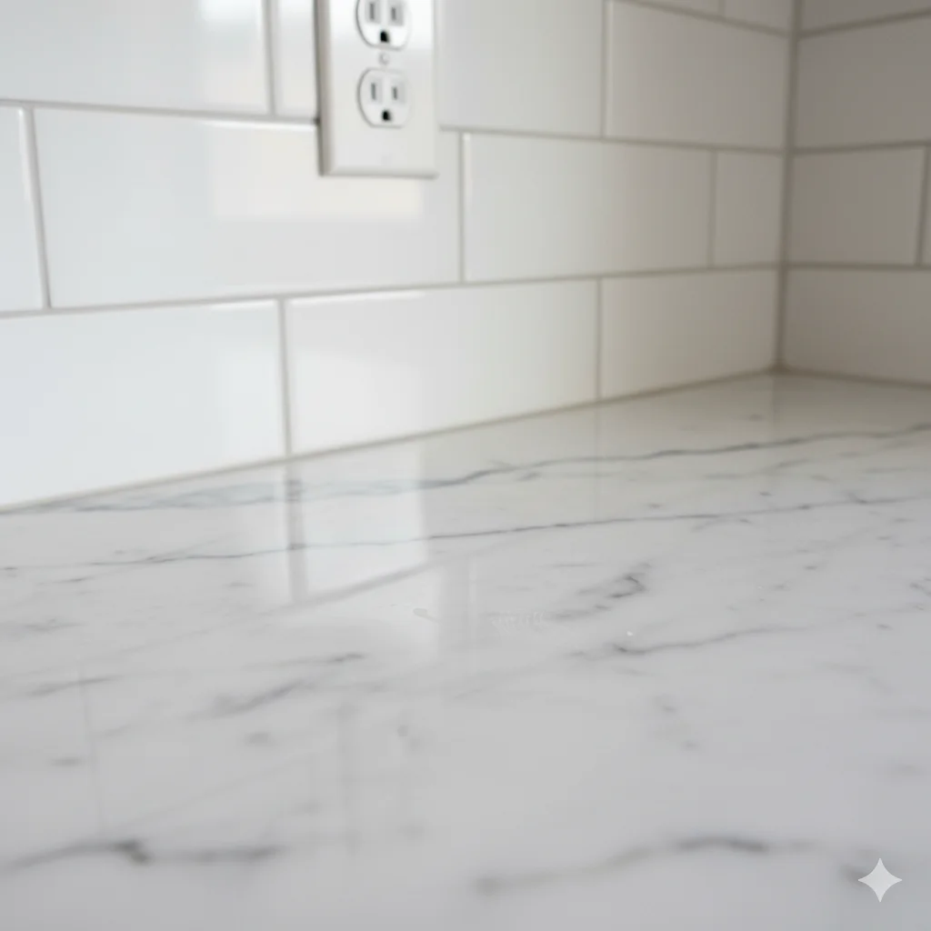 Detailed corner of an Eternal Statuario quartz countertop