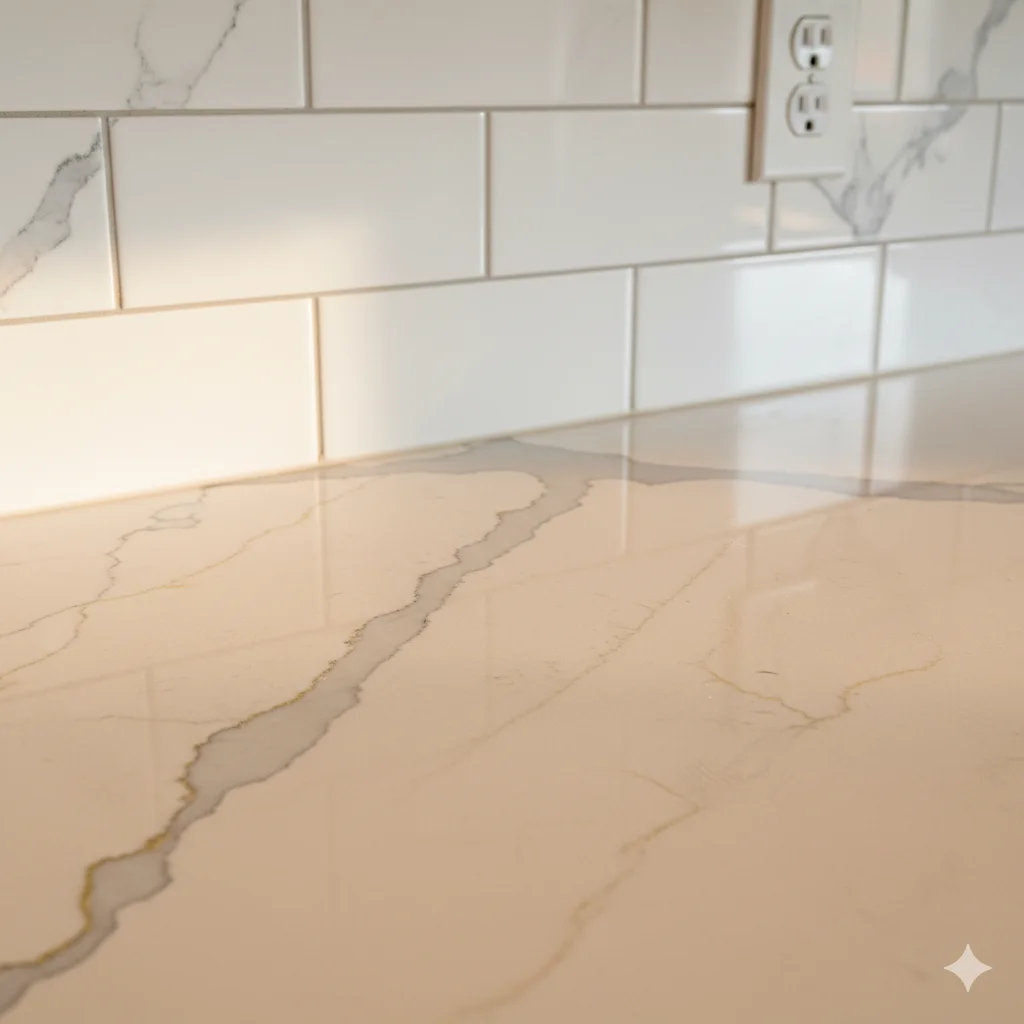 Detailed close-up of a Calacatta Gold quartz countertop corner showing the subtle golden veins.