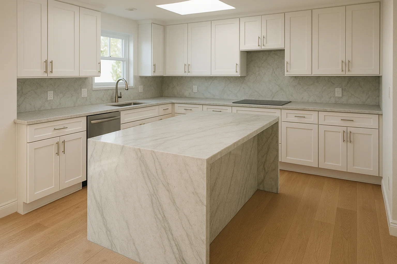 A real coastal Florida kitchen with white shaker cabinets and light oak floors, featuring a large waterfall island in Sea Pearl quartzite. The stone has a gray-pearl base with soft green undertones and long linear veining. The scene includes realistic details like subtle micro-scratches and faint dust, US duplex outlets, and natural seams at wall junctions, all under neutral morning skylight. Shot with a 35mm lens look at f/4, ISO 200, the image is 2000x1200, WebP-ready, and not CGI-perfect.