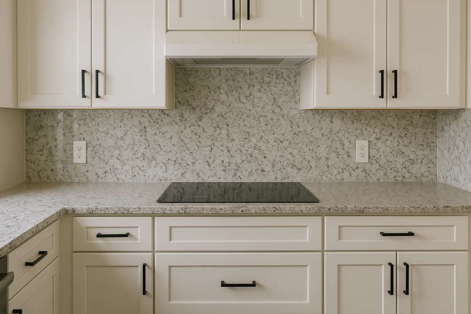 A contemporary Florida kitchen featuring Moon White granite countertops and a full-height backsplash, paired with soft white shaker cabinets and matte black pulls. The electric cooktop area is visible, illuminated by neutral daylight. The scene includes realistic details such as slight micro-scratches and dust, visible seams, and silicone near the backsplash, along with US outlets. The photo is taken at counter height with a 35mm lens look, balanced exposure, and true-to-life texture, reflecting natural wear without people or logos. The image is 2000x1200 pixels and WebP-ready.