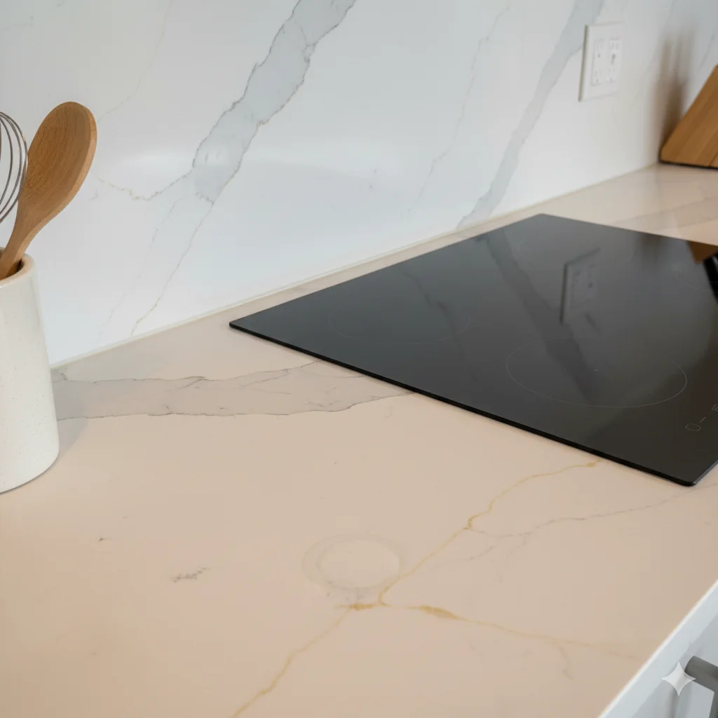 A modern cooktop area featuring Calacatta Gold quartz countertops and backsplash.