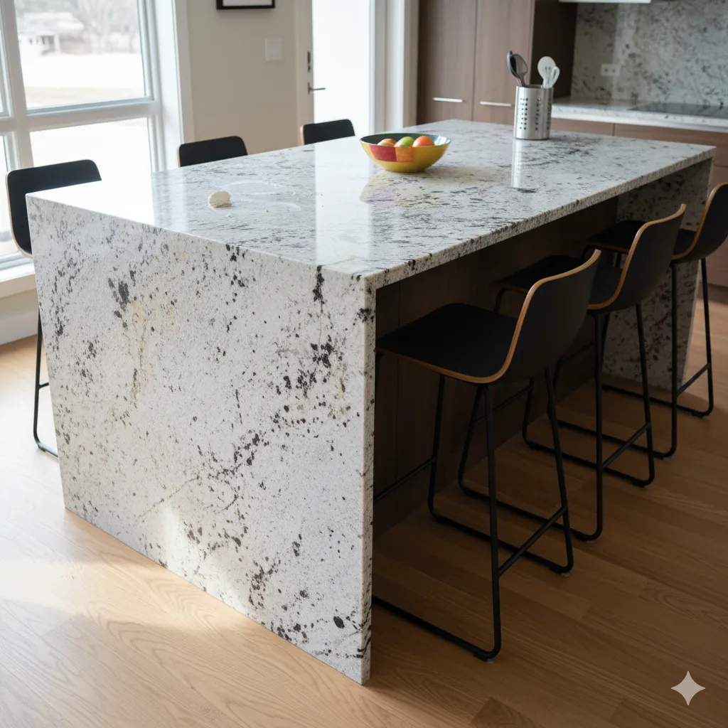 Dallas White granite kitchen island with a waterfall edge