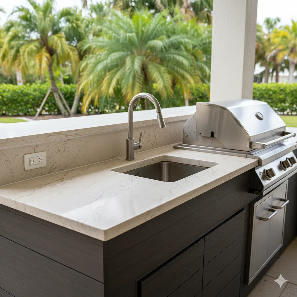 Durable outdoor kitchen with Taj Mahal quartzite