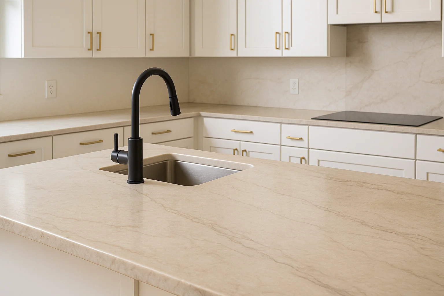 A realistic kitchen scene featuring a Taj Mahal quartzite island and perimeter countertops. The stone has a warm, creamy-beige base with soft taupe veining, showcasing natural character distinct from marble or quartz. The polished finish includes subtle, realistic details like micro-scratches and tiny resin fills. The kitchen is appointed with an undermount sink, matte white shaker cabinets, brushed brass pulls, and a matte black faucet, all seen in morning natural light with a neutral white balance. The image is 2000x1200, WebP-ready, photorealistic, and not CGI-perfect.