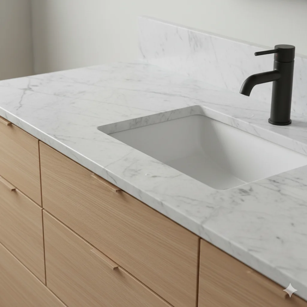 Elegant bathroom vanity with an Eternal Statuario quartz top