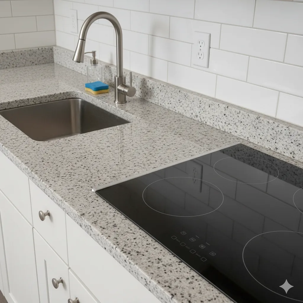 Modern kitchen with Moon White Granite countertops