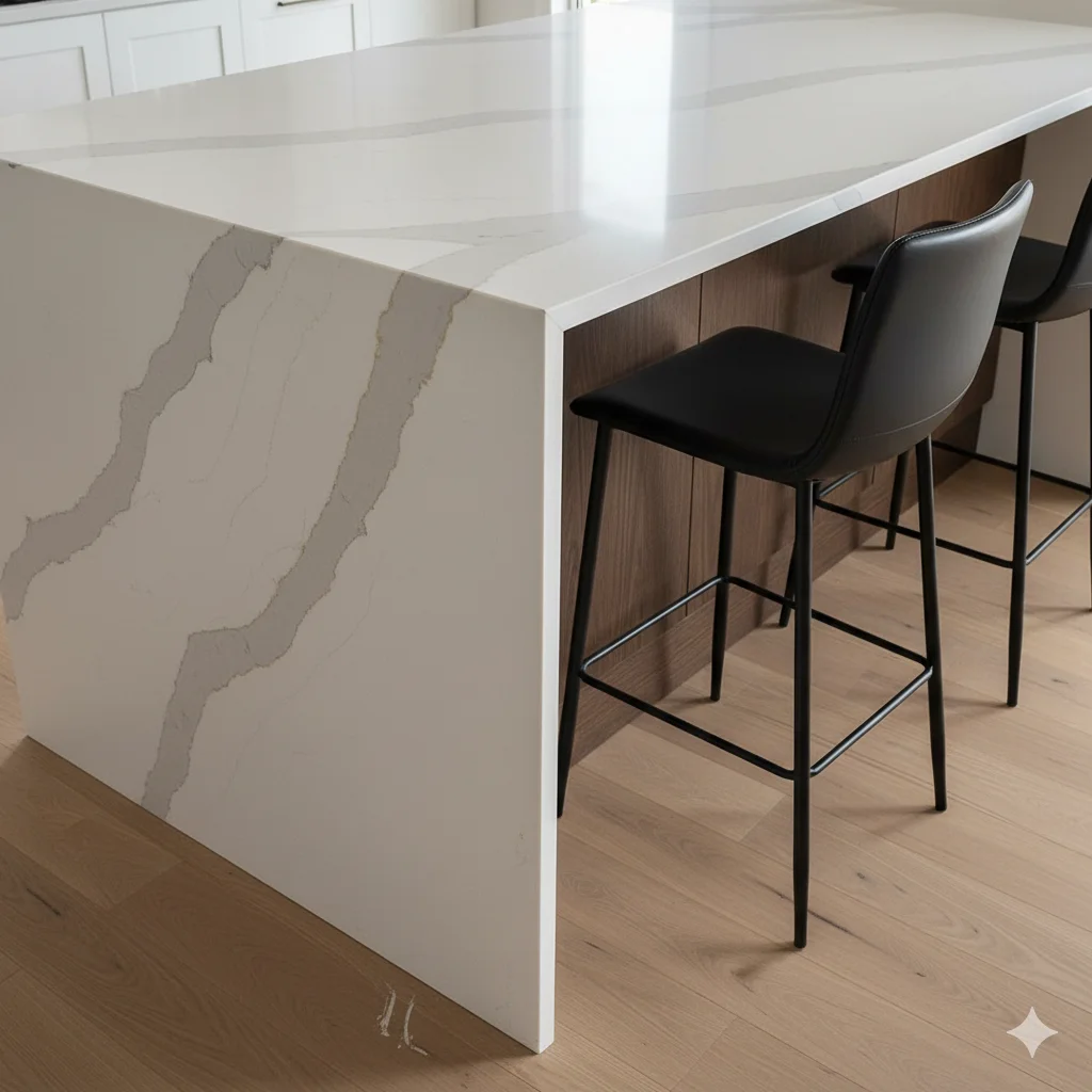 A stunning kitchen island with a waterfall edge made from Calacatta Gold quartz.