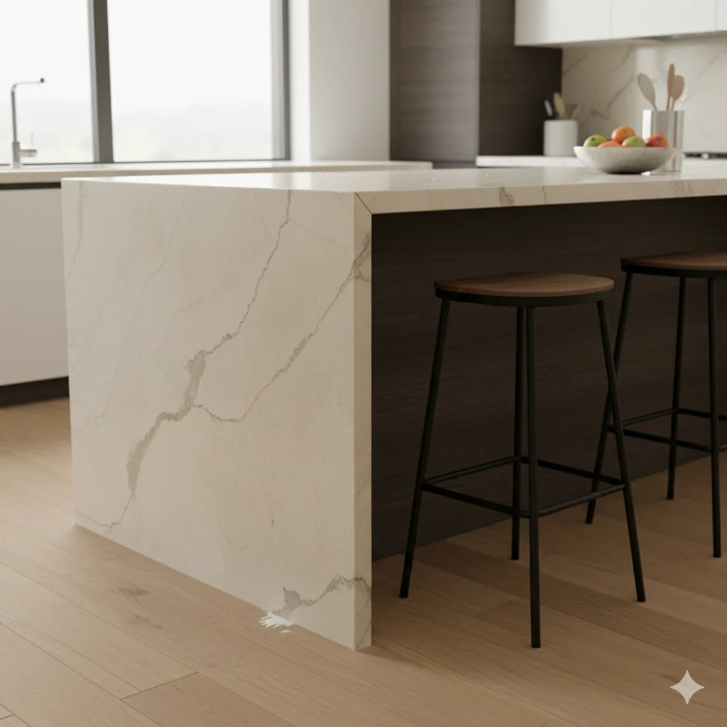 Kitchen island with a Taj Mahal quartzite waterfall edge