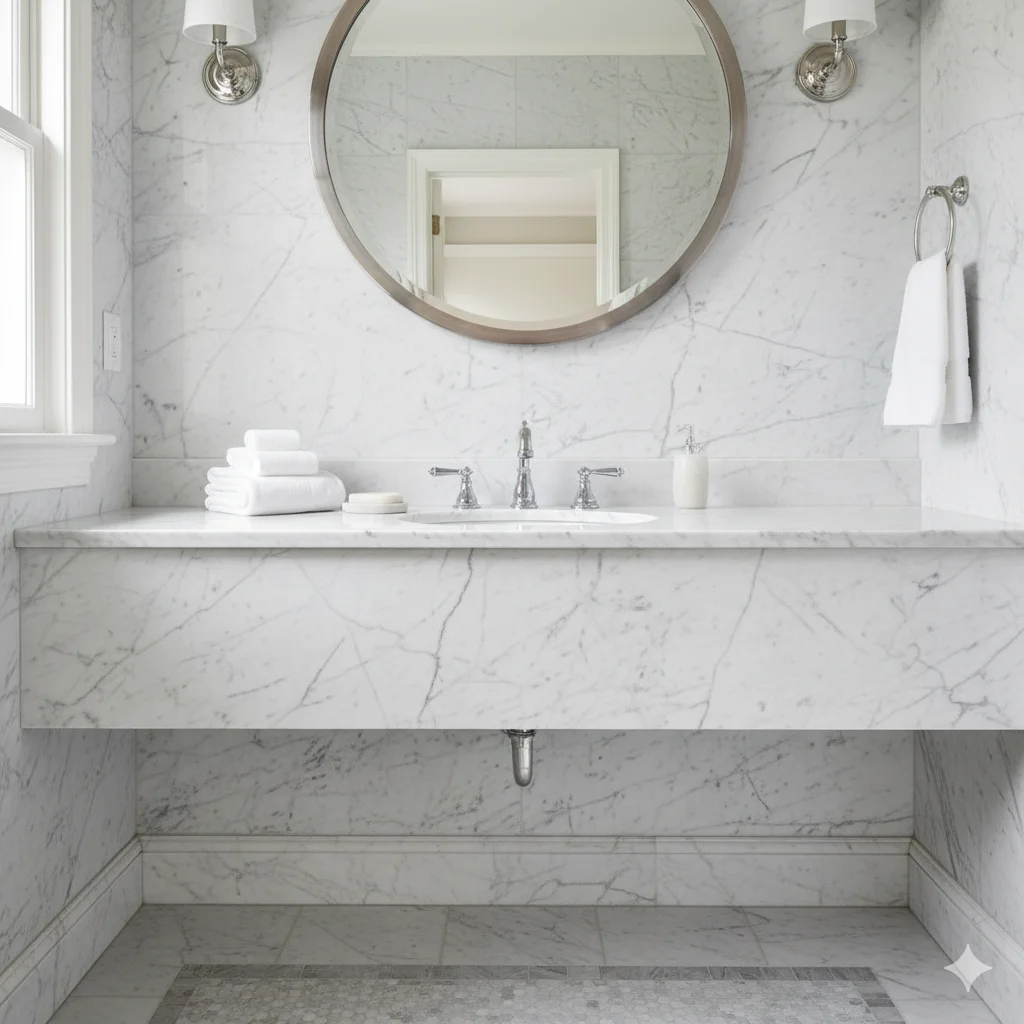 Classic and timeless Carrara marble in a bathroom