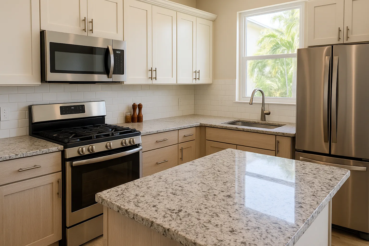 Modern kitchen scene in Florida featuring Dallas White Granite countertops, abundant natural light, and a subtle contrast in cabinet finishes. The image focuses on realistic surface details, is 2000x1200 pixels, WebP-ready, color-accurate, and not CGI-perfect, providing an authentic representation.
