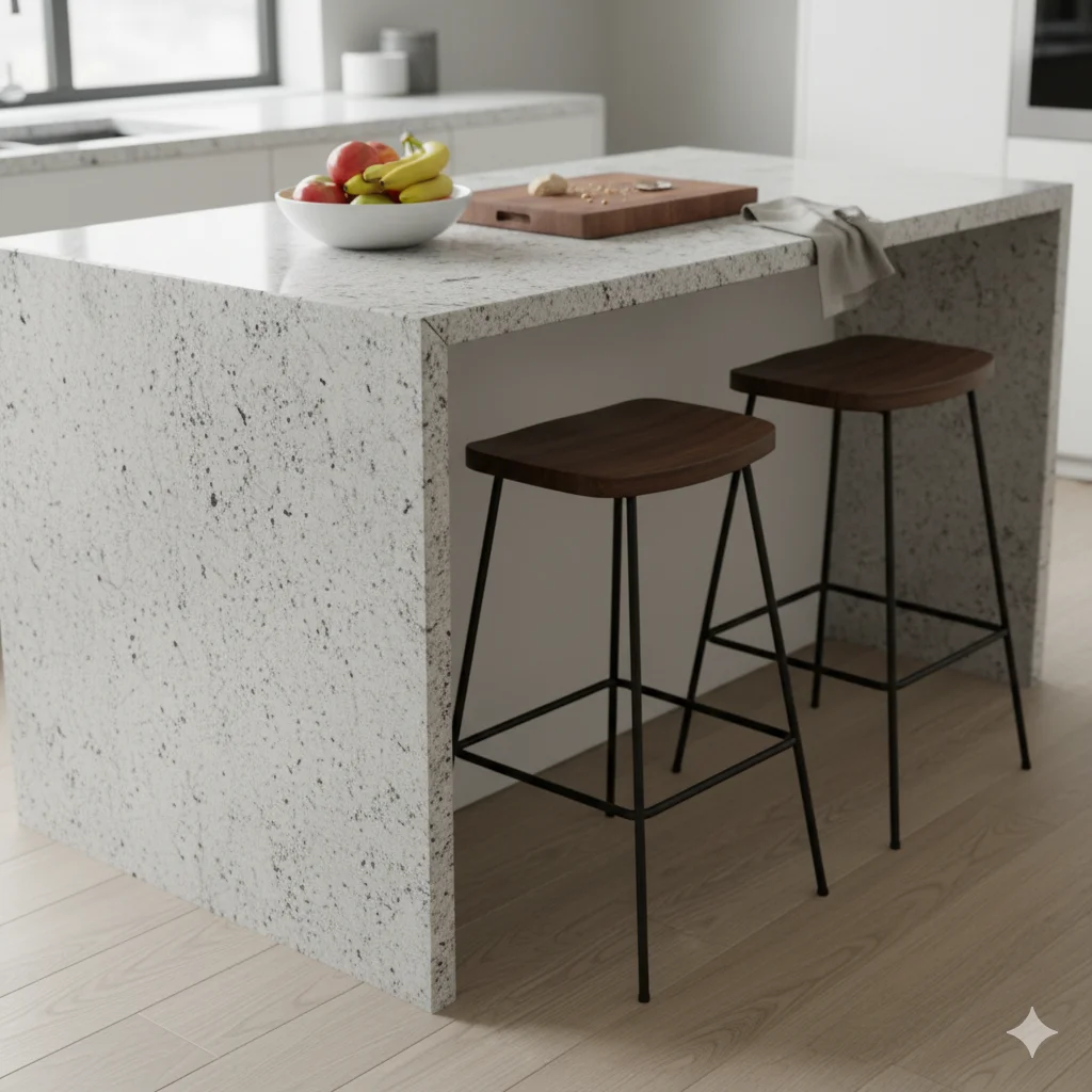 Kitchen island with waterfall edge in Moon White Granite