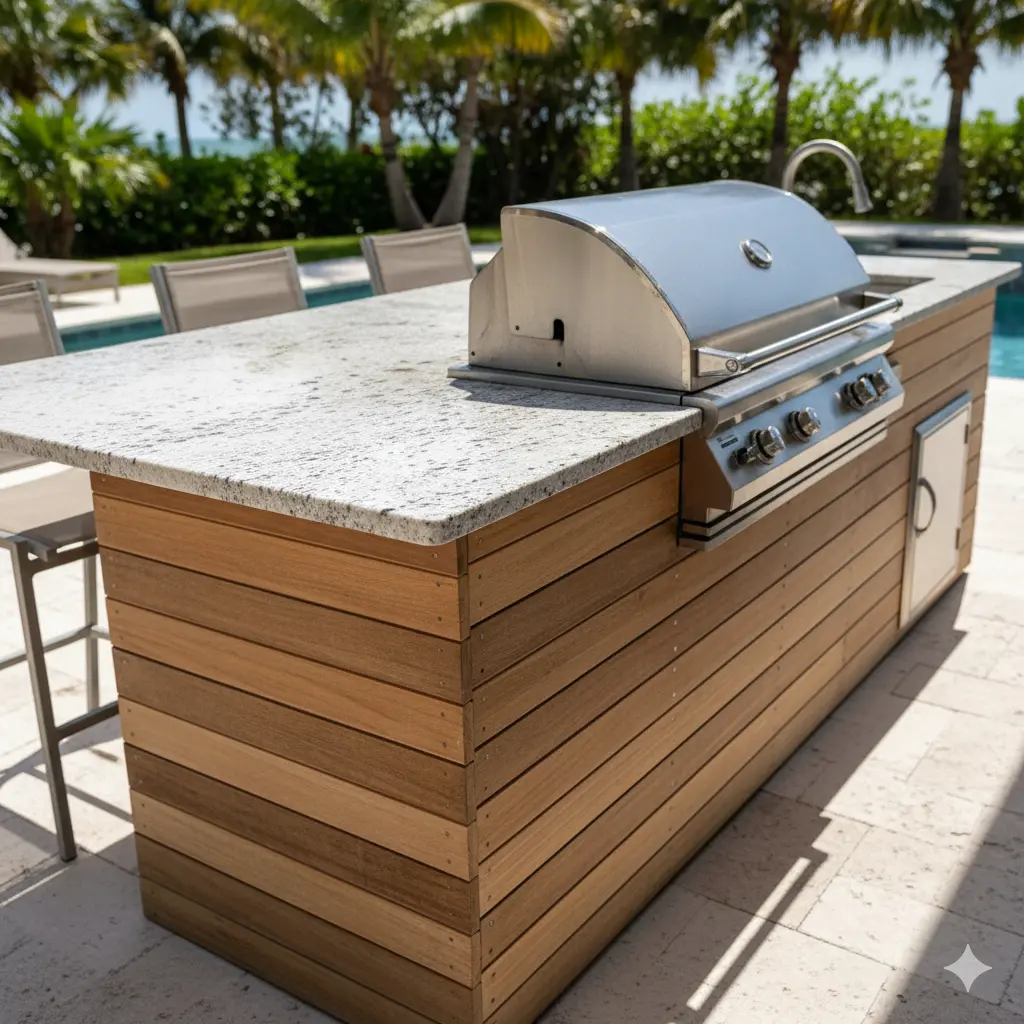 Outdoor BBQ area featuring a Moon White Granite countertop