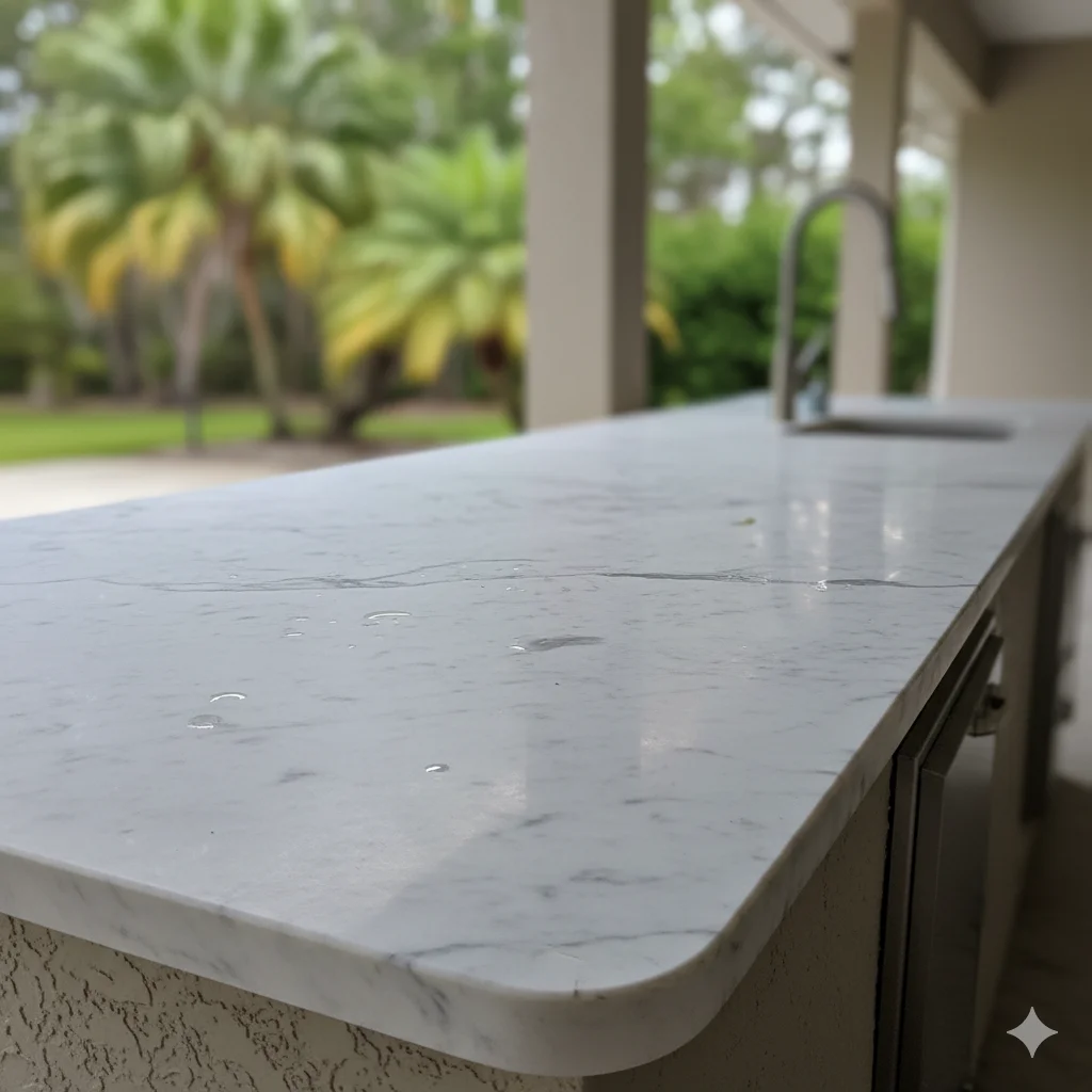 Outdoor counter, illustrating a use case not recommended for quartz in direct sun.