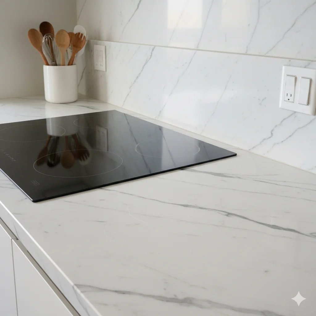 Polished Eternal Statuario quartz in a modern cooktop area