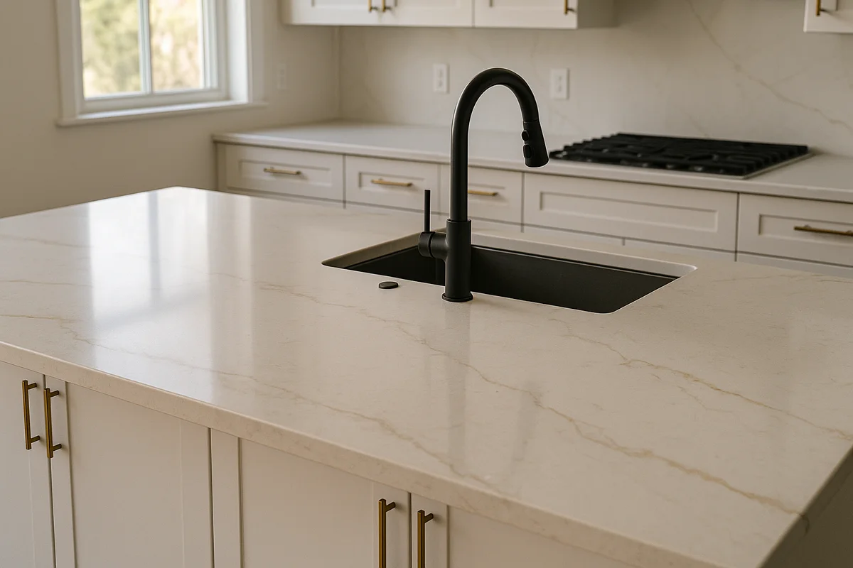 A realistic kitchen scene featuring a Calacatta Gold Quartz island. The base is a warm white with soft gray veining and delicate gold accents (not Carrara style). It has a polished finish with subtle micro-scratches and a light dusting. A visible seam is present near the cooktop, along with a thin bead of sealant at the backsplash and US electrical outlets. It includes an undermount single-bowl sink, matte white shaker cabinets, brushed brass pulls, and a matte black faucet. The lighting is natural morning light with a neutral white balance. The image is free of HDR, logos, and people, with a resolution of 2000x1200 pixels, ready for WebP. It is a 35mm eye-level shot, photorealistic and not "CGI perfect."