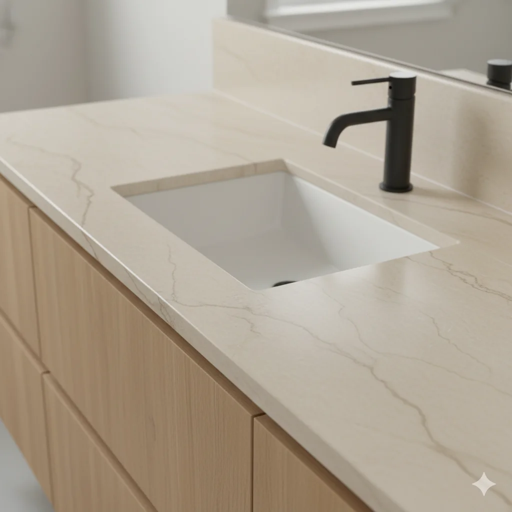 Serene bathroom with a Taj Mahal quartzite vanity