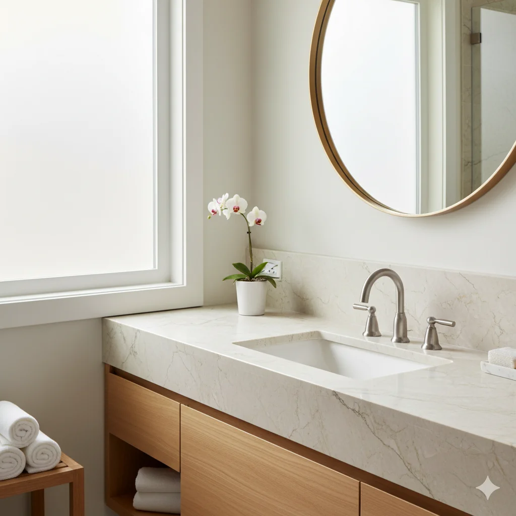 Serene bathroom with Taj Mahal quartzite