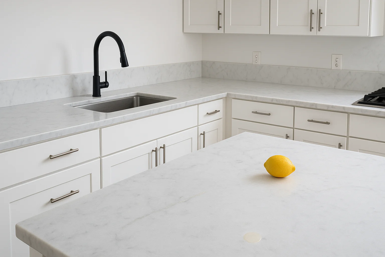 A realistic kitchen scene featuring a Carrara Bianco marble island and perimeter. The stone has a cool white background with soft, feathery gray veining and an authentic crystalline texture. The polished finish shows realistic details like micro-scratches and a faint etch mark near a lemon. The kitchen includes an undermount sink, matte white shaker cabinets, brushed nickel pulls, and a matte black faucet, all set in neutral morning light. The image is 2000x1200, WebP-ready, photorealistic, and not CGI-perfect.