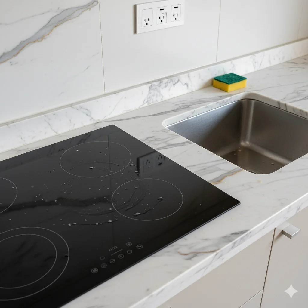 Integration of sink and cooktop in a Calacatta Gold Marble countertop