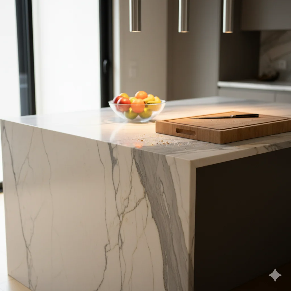 Kitchen island with waterfall edges in Calacatta Gold Marble
