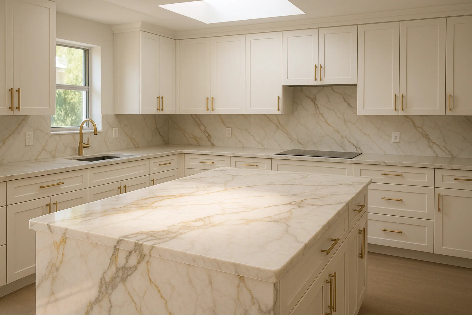 A modern Florida kitchen featuring Calacatta Gold Marble countertops and a full-height backsplash. The marble presents a warm white base with bold gray veining and subtle gold accents, highlighting a large island under a skylight. The kitchen includes white shaker cabinets, brass pulls, an electric cooktop, and US duplex outlets. Realistic details like slight micro-scratches, fine dust, and visible silicone seams are present, all under neutral daylight. Shot with a 35mm lens at f/5.6, the image is 2000x1200, WebP-ready, photorealistic, and free of HDR, people, or logos.