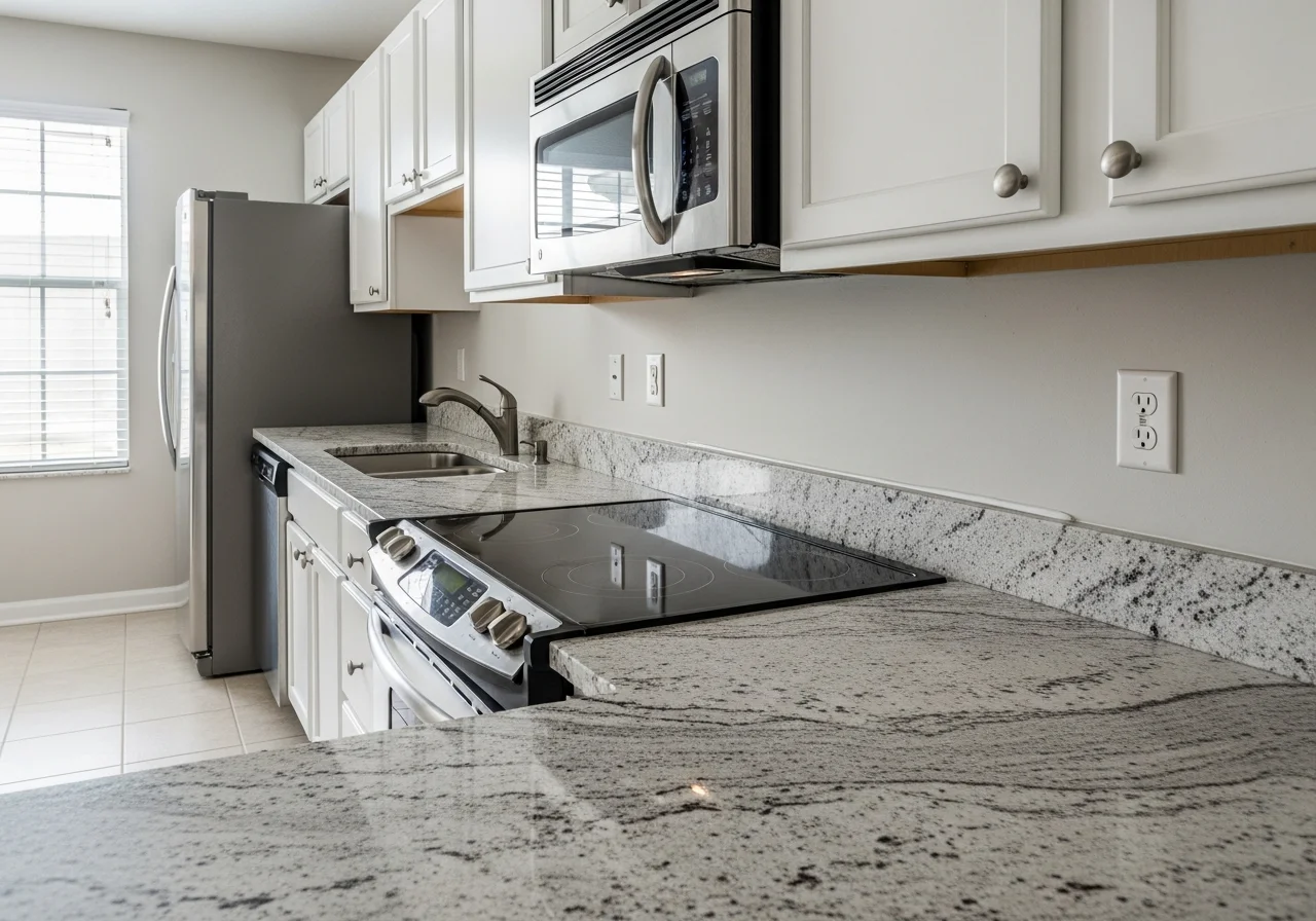 A realistic, bright Florida kitchen featuring River White Granite countertops with a subtle grey and white mineral pattern under soft natural daylight. The surface shows slight micro-scratches, faint dust, and visible silicone seams near the backsplash and US outlets. The scene includes an electric stove and stainless steel appliances within a neutral color palette and wide-angle composition. The image is 2000x1200 pixels and WebP-ready.