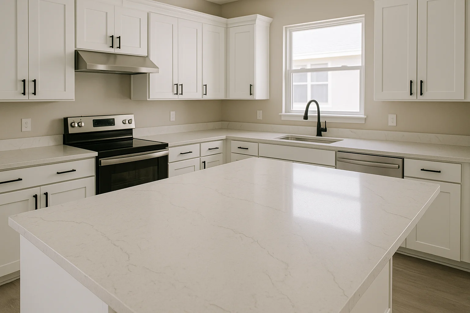 A real Florida kitchen interior in a US residential style, featuring Quartz Calacatta Laza countertops and a large island. The scene is filled with bright natural light, highlighting white shaker cabinets, matte black pulls, and neutral walls. Realistic details include subtle gray veining, slight dust and micro-scratches on the polished surface, and a visible seam with clear silicone near the sink. The image has soft shadows, a neutral white balance, and is 2000x1200, WebP-ready, captured in a documentary style without people, logos, or HDR. LEGEND: Calacatta Laza Quartz brightens this Florida kitchen, offering a clean, realistic look for everyday life.