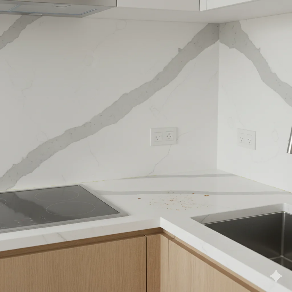 Cooking area with Calacatta Laza quartz countertops and backsplash.