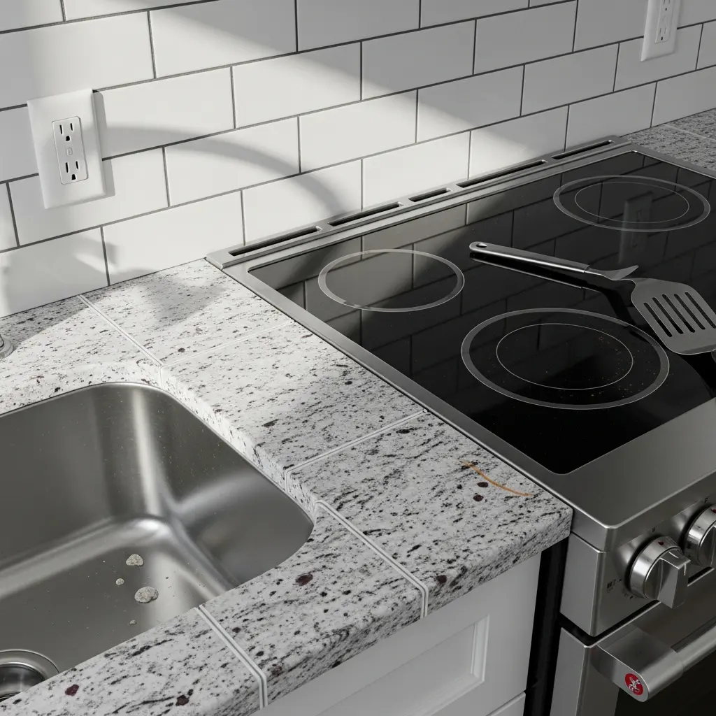 Modern kitchen with white stone countertop