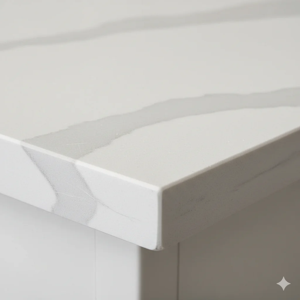 Close-up of Calacatta Laza quartz countertop edge profile.