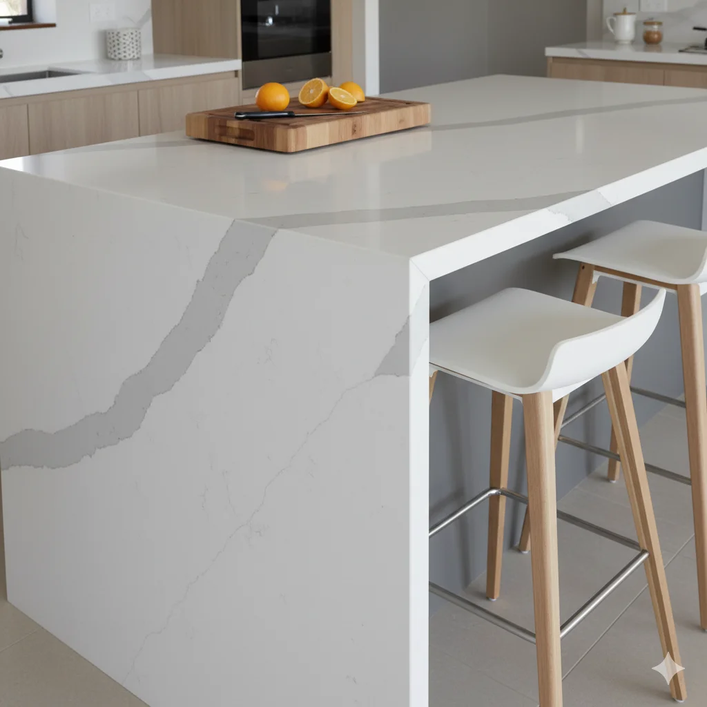 Open-plan kitchen featuring a Calacatta Laza quartz waterfall island.