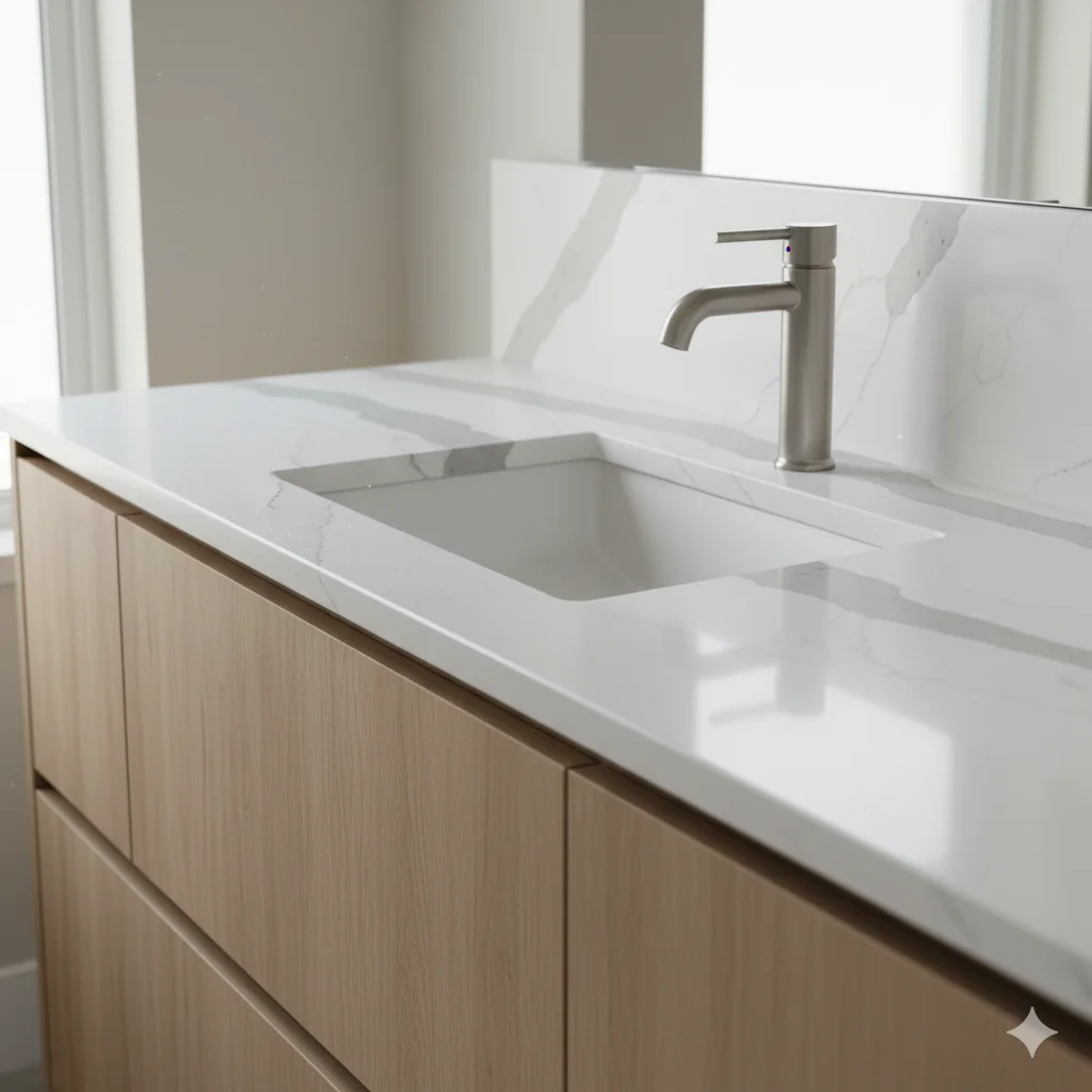 Modern bathroom vanity with a Calacatta Laza quartz top.