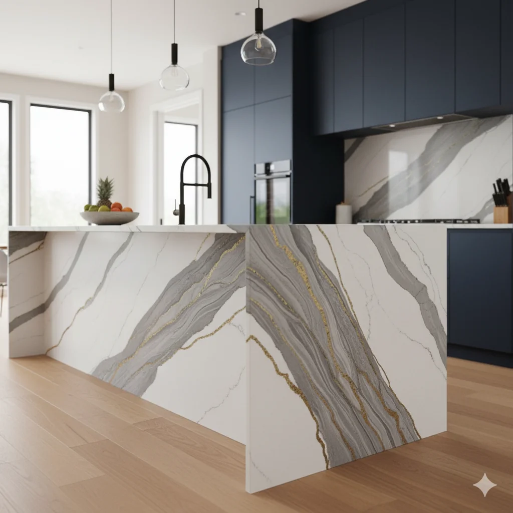 Kitchen island with waterfall edge