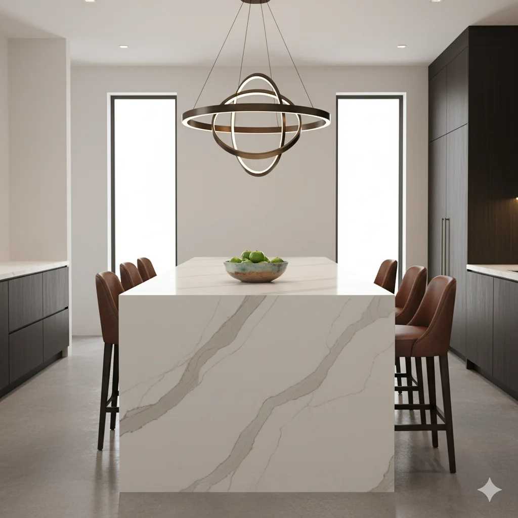 A realistic kitchen scene dominated by a massive Brittanicca quartz island. The stone features a crisp white background with dramatic, large-scale, fluid grey veins that flow organically. The polished finish shows a deep, liquid-like gloss and a slight, realistic unevenness in the light's reflection. The kitchen includes dark grey cabinets, leather bar stools, and a single statement vase, lit by spotlights emphasizing the stone. The image is 2000x1200, WebP-ready, photorealistic, and not CGI-perfect.