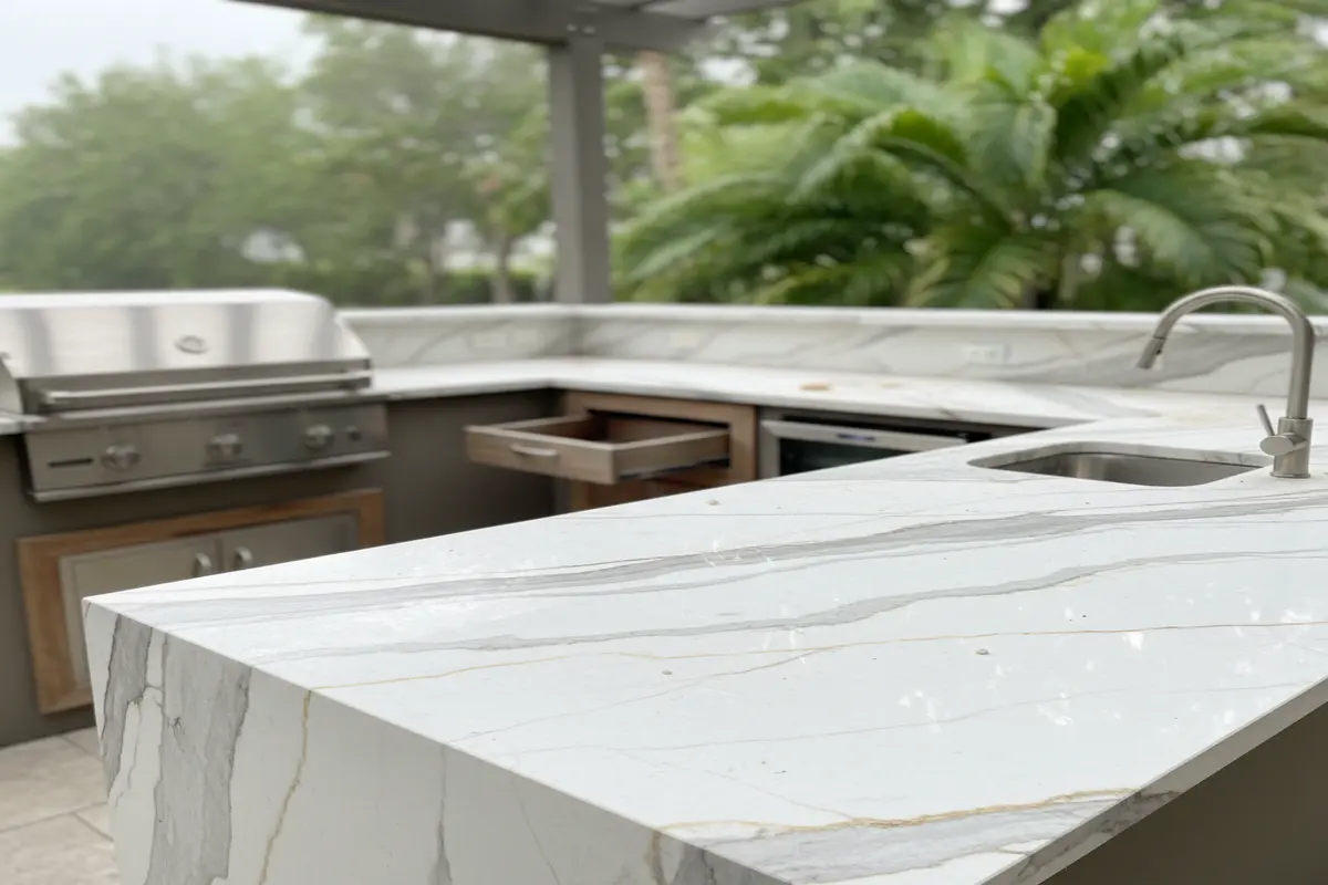 An outdoor BBQ kitchen featuring Quartzite White Macaubas, blending seamlessly with the tropical Florida backdrop.