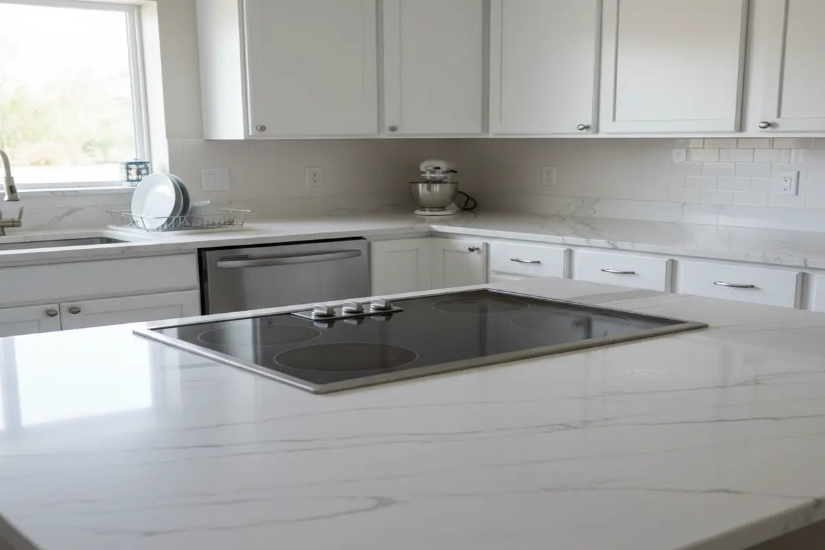 A beautiful Florida kitchen featuring Quartzite White Macaubas countertops with elegant white and grey veining.