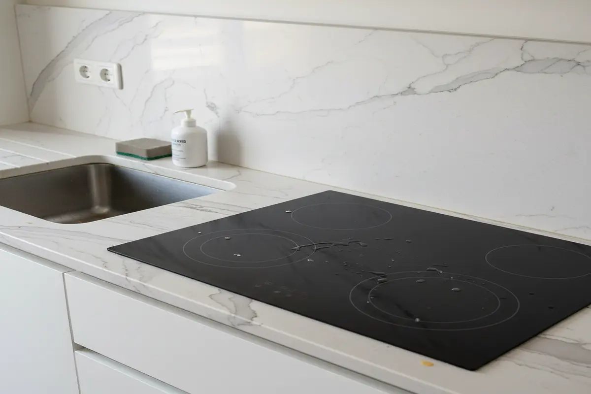 Functional kitchen area showcasing Quartzite White Macaubas around an electric cooktop, highlighting practical use.