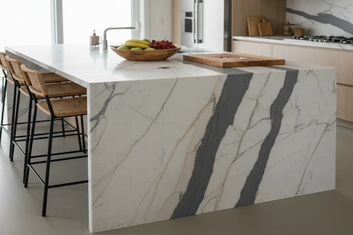 Stylish kitchen island featuring Calacatta Borghini marble with stunning waterfall edges, harmonizing elegance and functionality.
