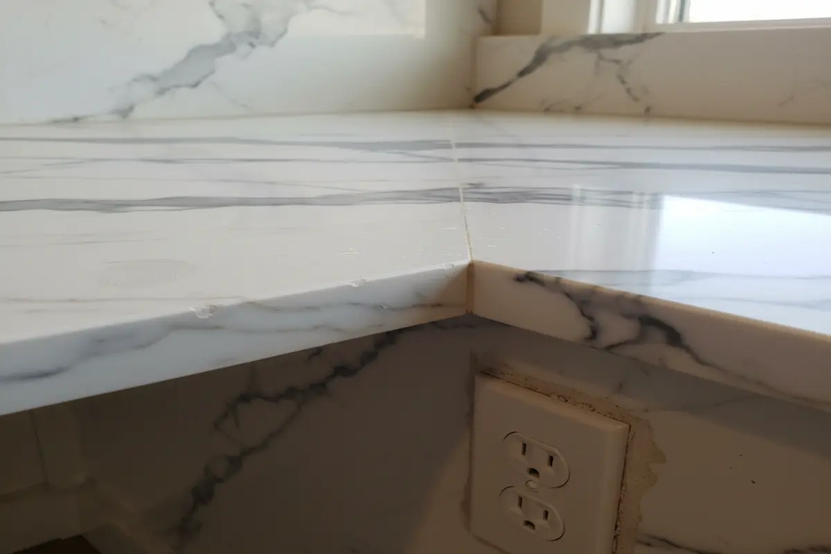 Close-up of Calacatta Borghini marble showing detailed veining and finish, emphasizing the unique character of the stone.