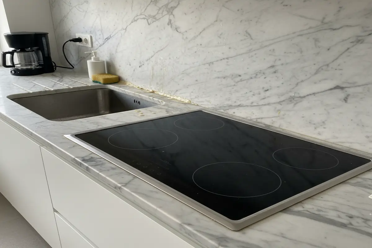 Functional kitchen area with Calacatta Borghini marble around the sink and cooktop, showcasing realistic kitchen usage.