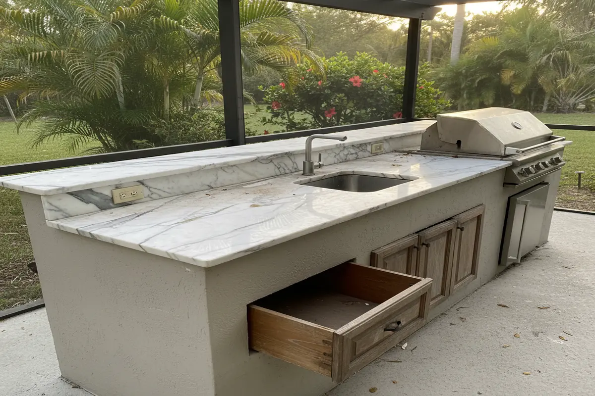 An outdoor BBQ kitchen featuring Calacatta Borghini marble with natural wear, blending elegance and practicality in a Florida setting.