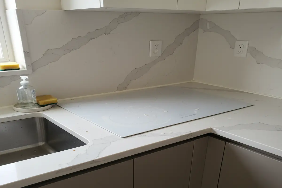 Real Florida kitchen featuring bright white Quartz Calacatta Verona Quartz countertops, showcasing elegant veining and polished finish.