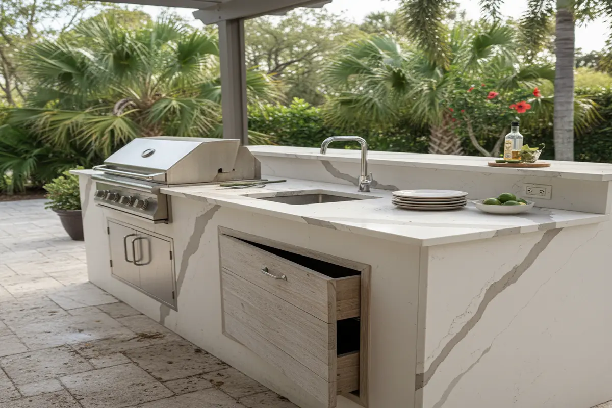 Outdoor BBQ kitchen featuring Quartz Calacatta Verona, demonstrated in a realistic Florida setting with mild weather effects.