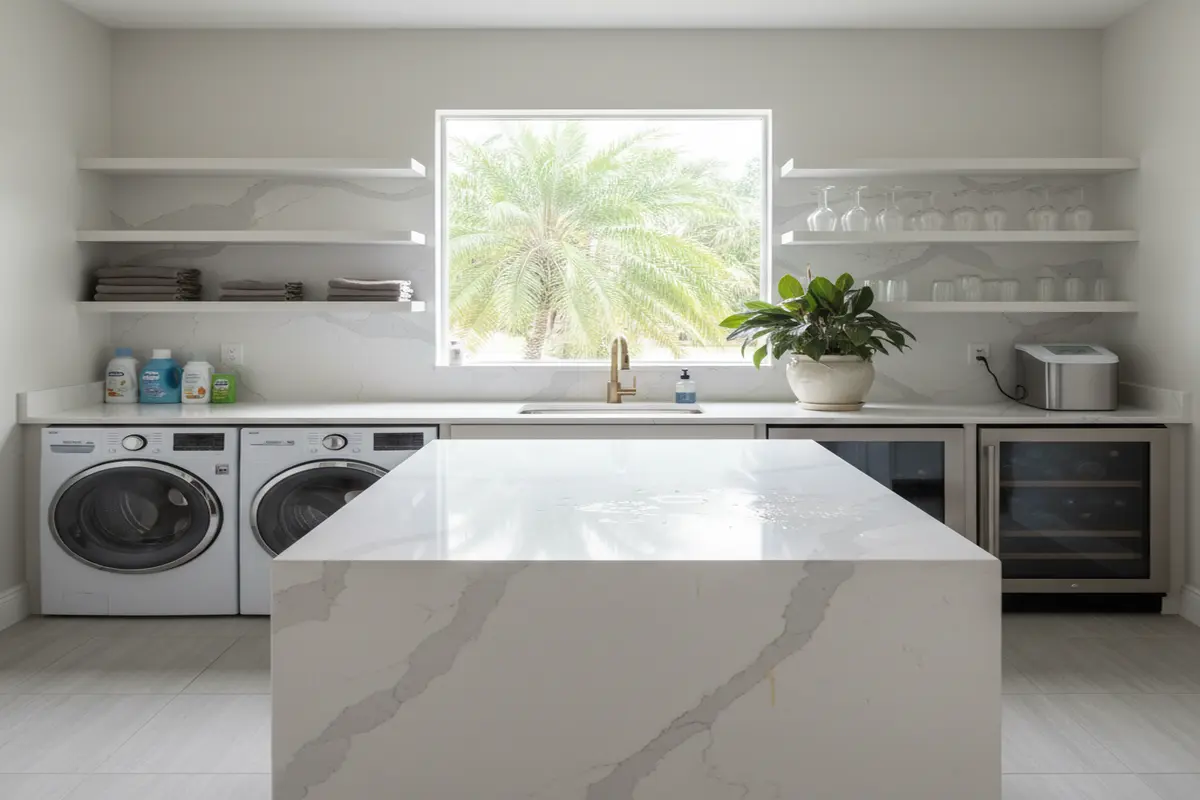 Laundry area featuring Quartz Calacatta Verona Quartz countertops, with natural daylight illuminating the space.