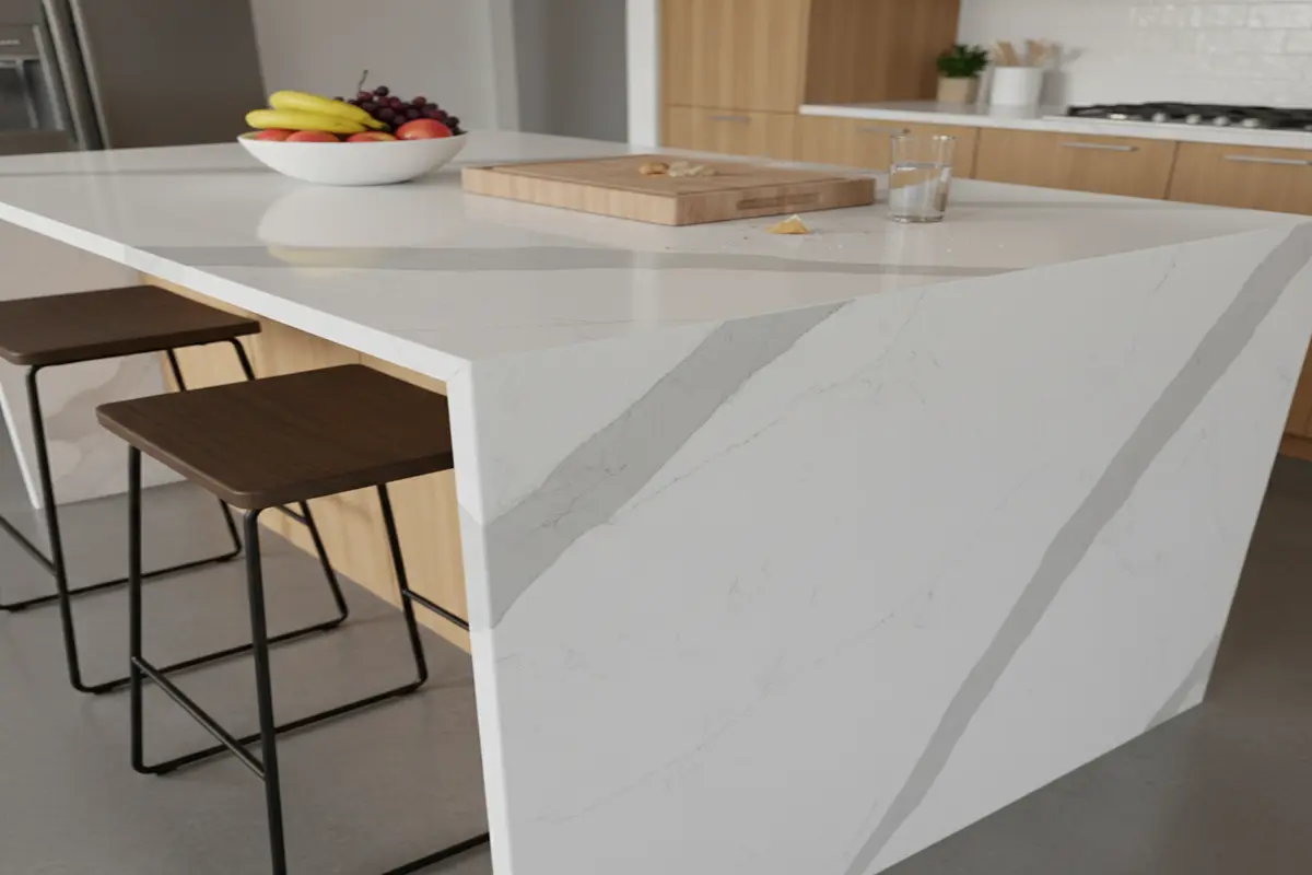 Stylish kitchen island featuring Quartz Calacatta Verona with a stunning waterfall edge, evoking a sense of modern elegance.
