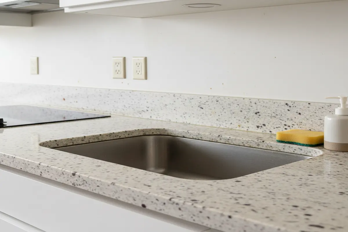 A detailed macro image of Colonial White Granite, highlighting the smooth edges and subtle veining.