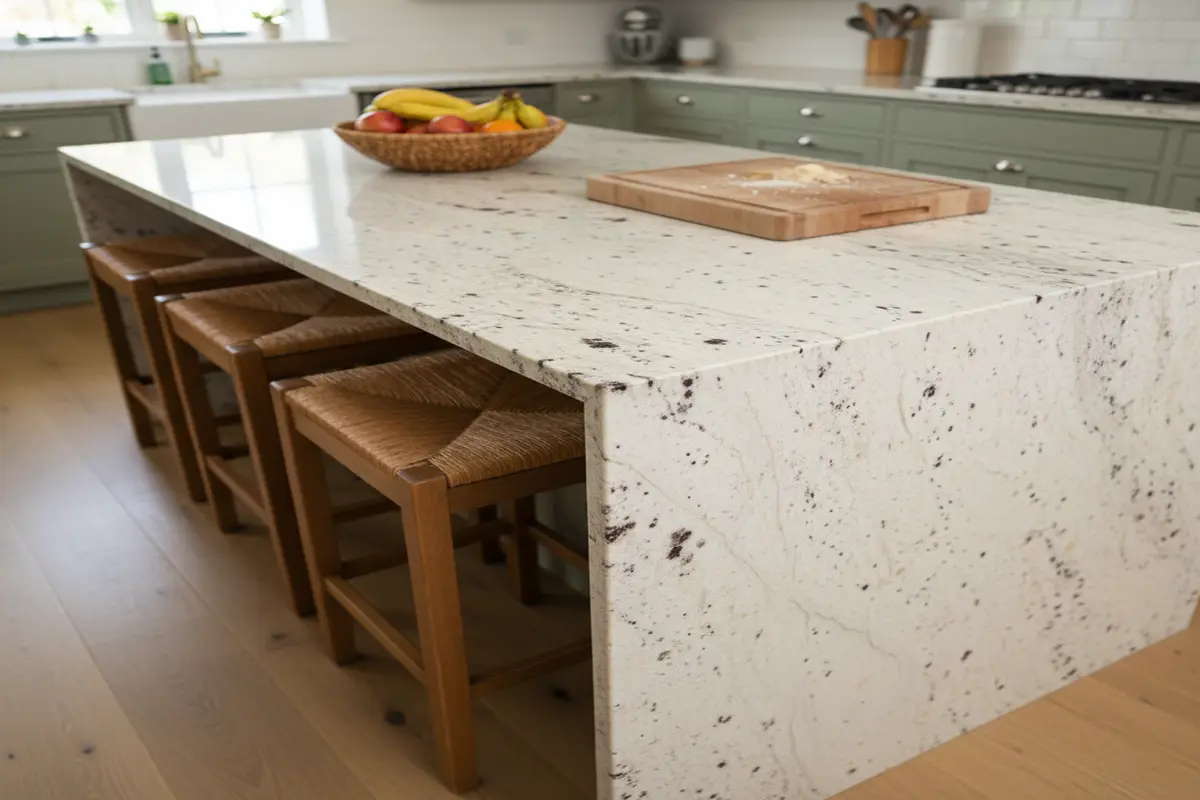 A beautifully designed kitchen island featuring Colonial White Granite with elegant waterfall edges.