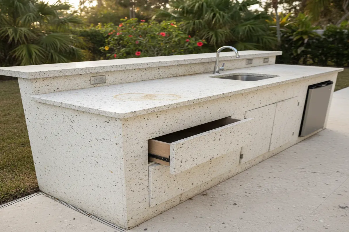 An outdoor BBQ kitchen featuring Colonial White Granite, accentuated by Florida's tropical environment.